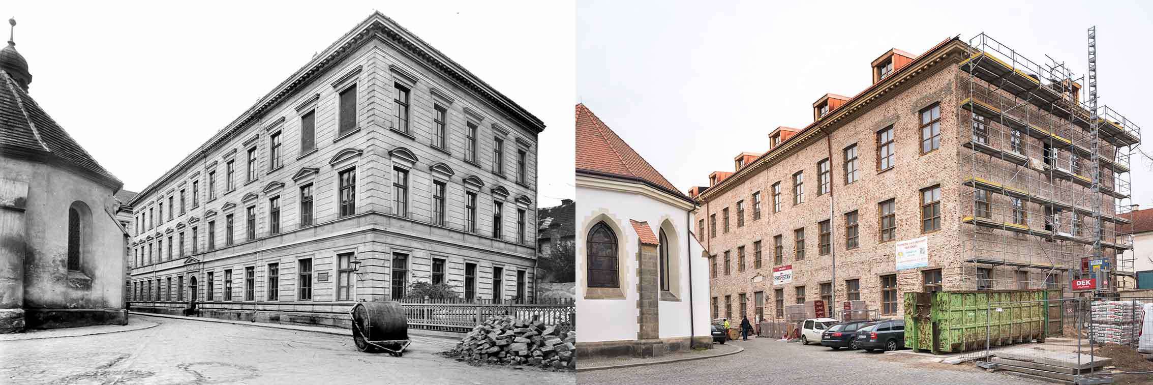 Pardubice, obecná a měšťanská dívčí škola, podoba po přestavbě roku 1891 a dnešní pohled na probíhající rekonstrukci