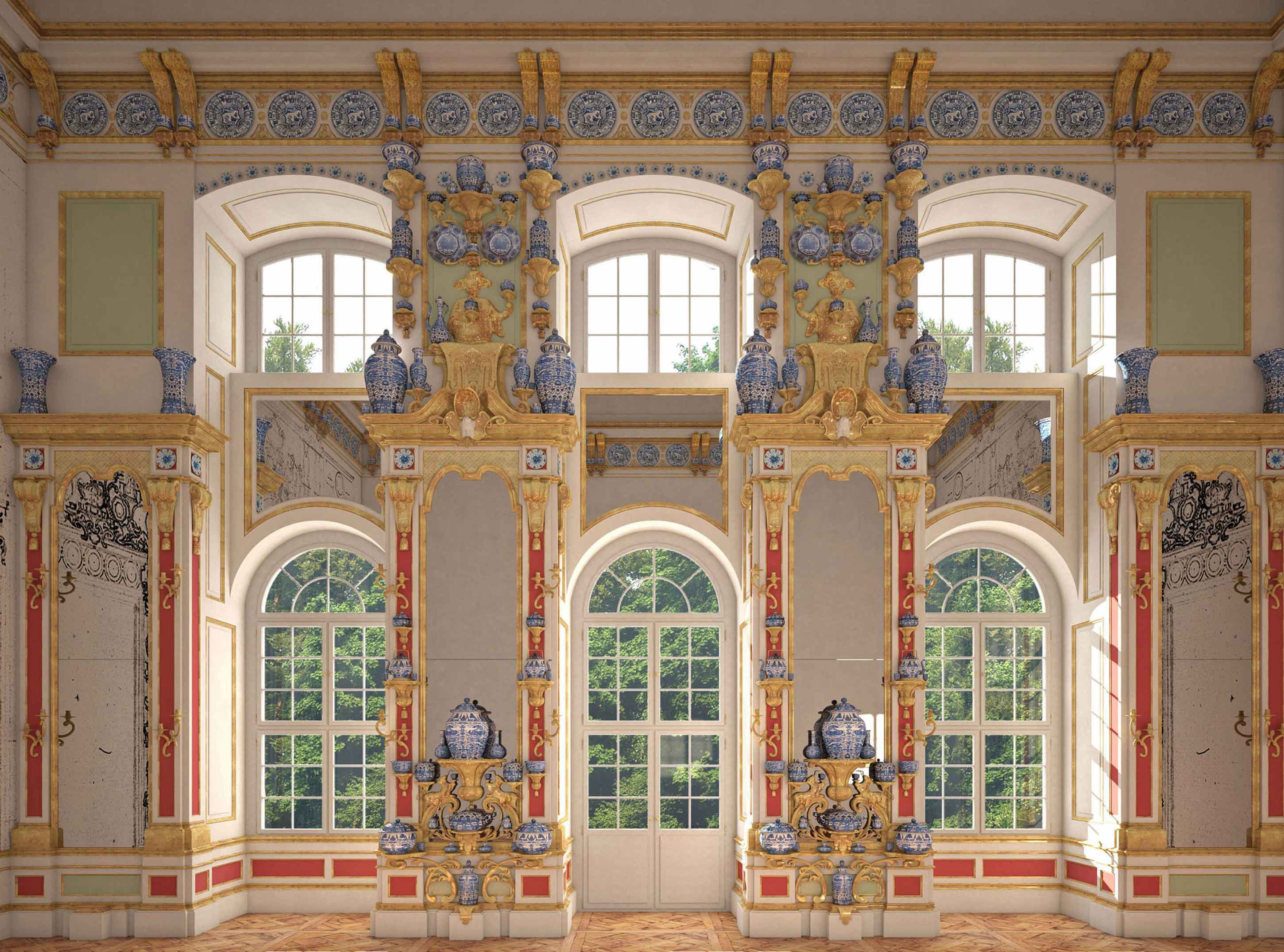 Velký sál Japonského paláce v Drážďanech – vizualizace nerealizované podoby interiéru, jemuž měla dominovat porcelánová výzdoba. Arte 4D.