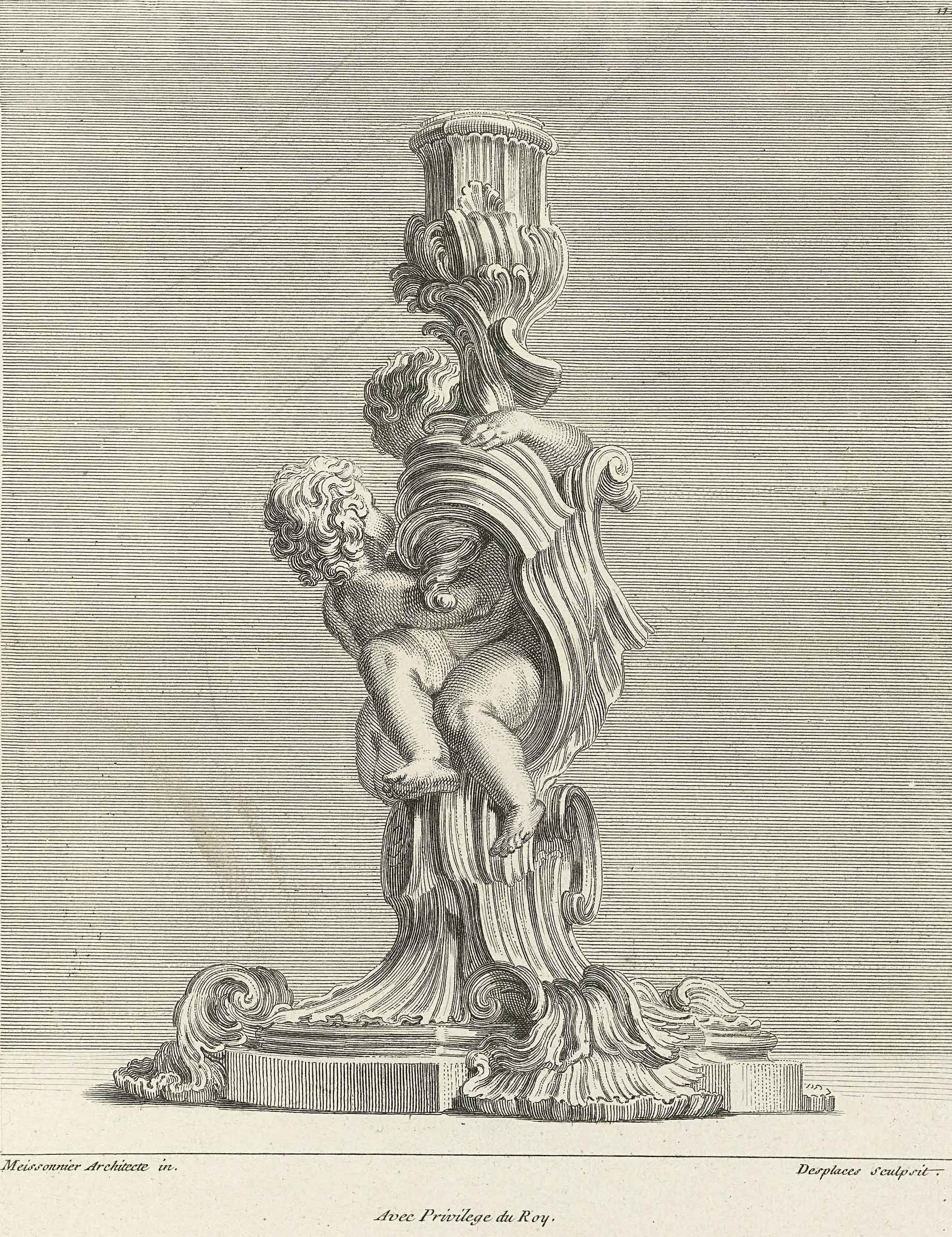 Kändler ve své modelérské práci tvůrčím způsobem přepracovával dobové vzory, jaké zastupuje ukázka svícnu ze vzorníku Juste Aurella Meissonniera (1728). Public domain.