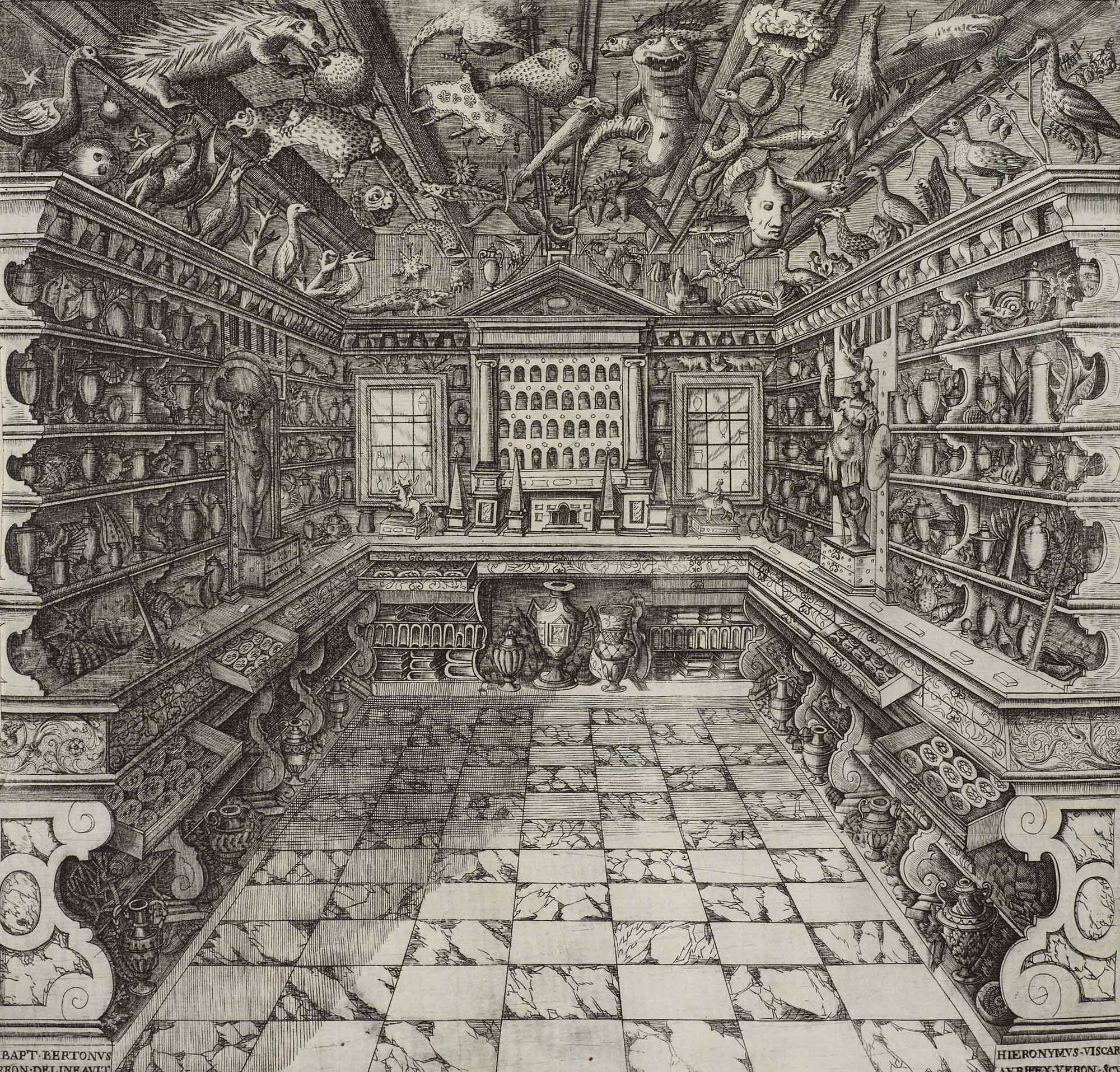 Porcelán jako kuriozita: pohled do obchodu veronského lékárníka Francesca Calzolariho, jemuž vévodí monumentální orientální vázy, 1622.