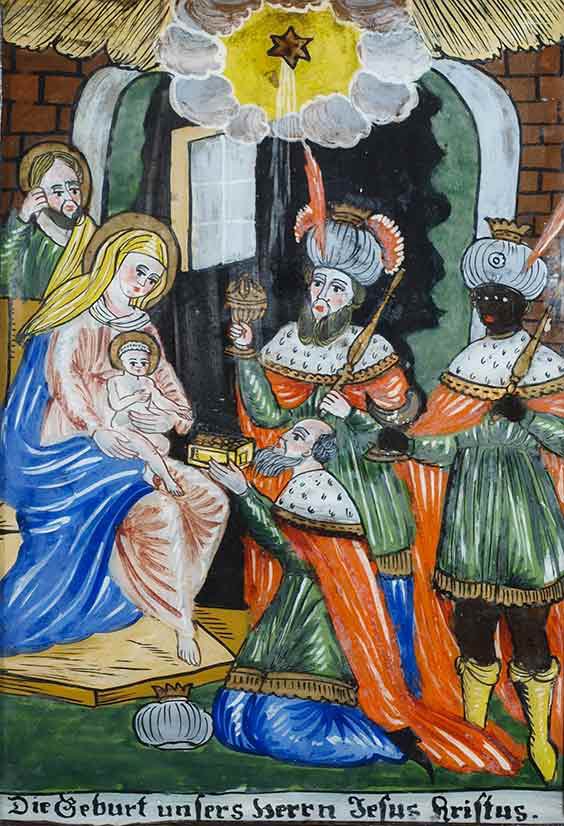 Podmalba na skle, Klanění Tří králů, 3. třetina 18. století, Vrchlabí