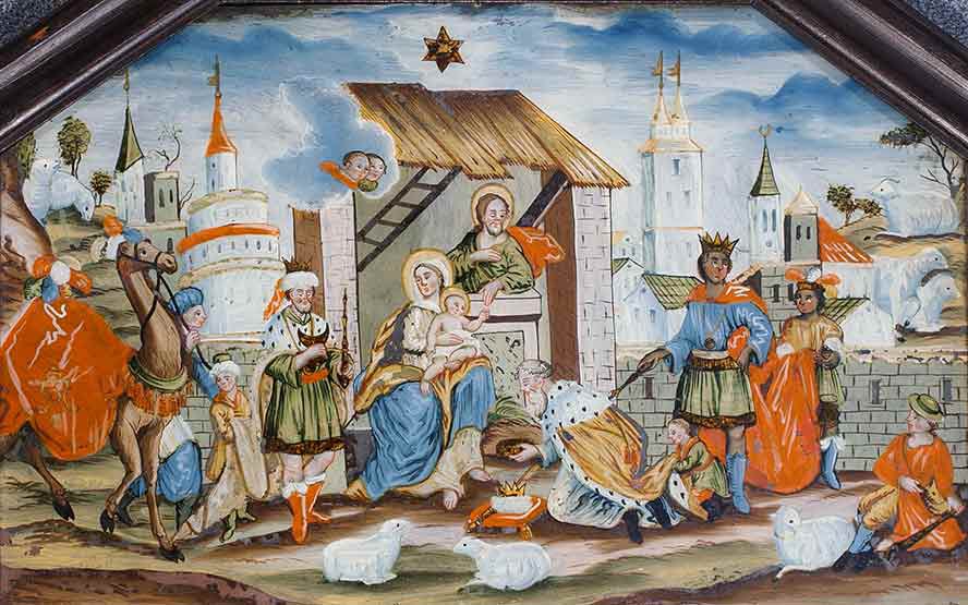 Podmalba na skle, Klanění Tří králů, 2. polovina 19. století, Slezsko, okolí Javorníka