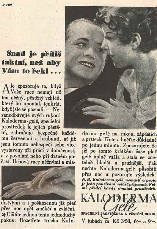 Reklama na gelé Kaloderma, která se objevila v tisku roku 1936, uměla přesně zacílit!