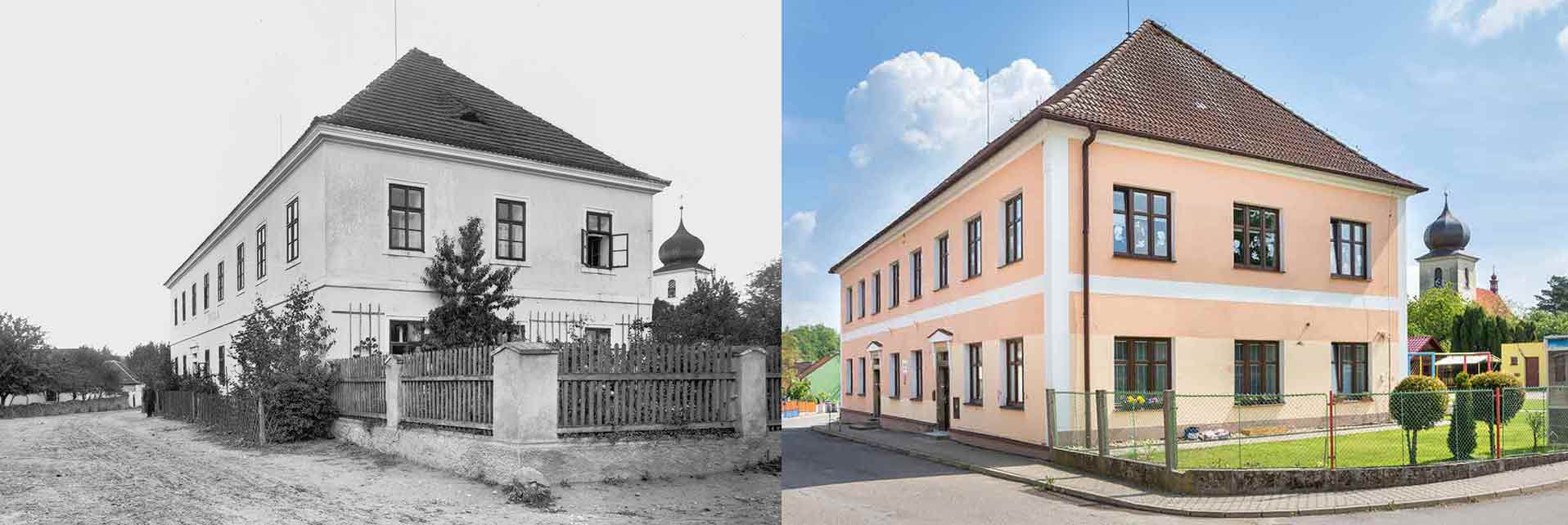 Lipoltice, obecná škola, postavena 1873 a dnešní pohled