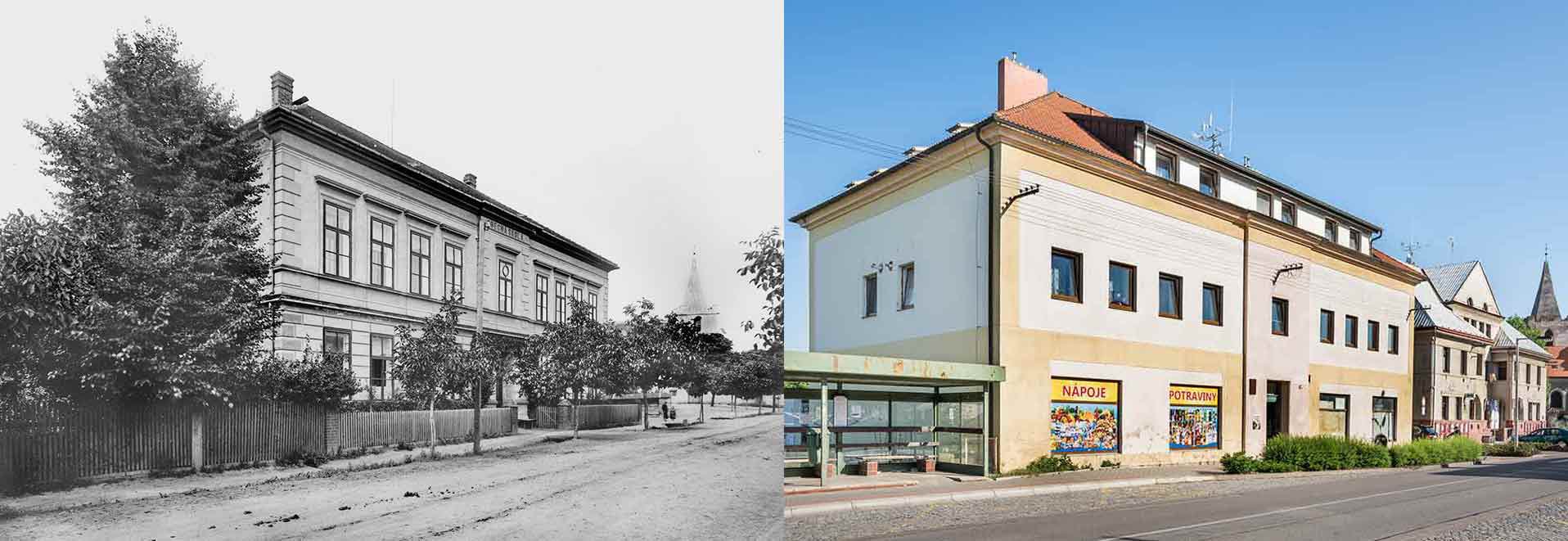 Opatovice, obecná škola, postavena 1888 a dnešní podoba