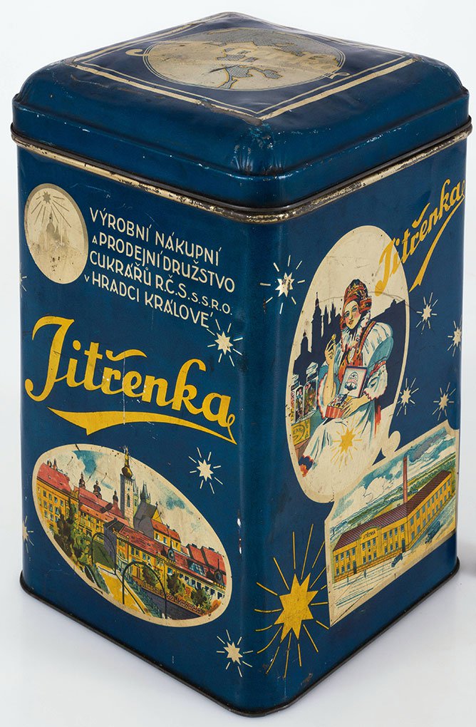 Plechovka od cukrovinek firmy Jitřenka, 20.–30. léta 20. století