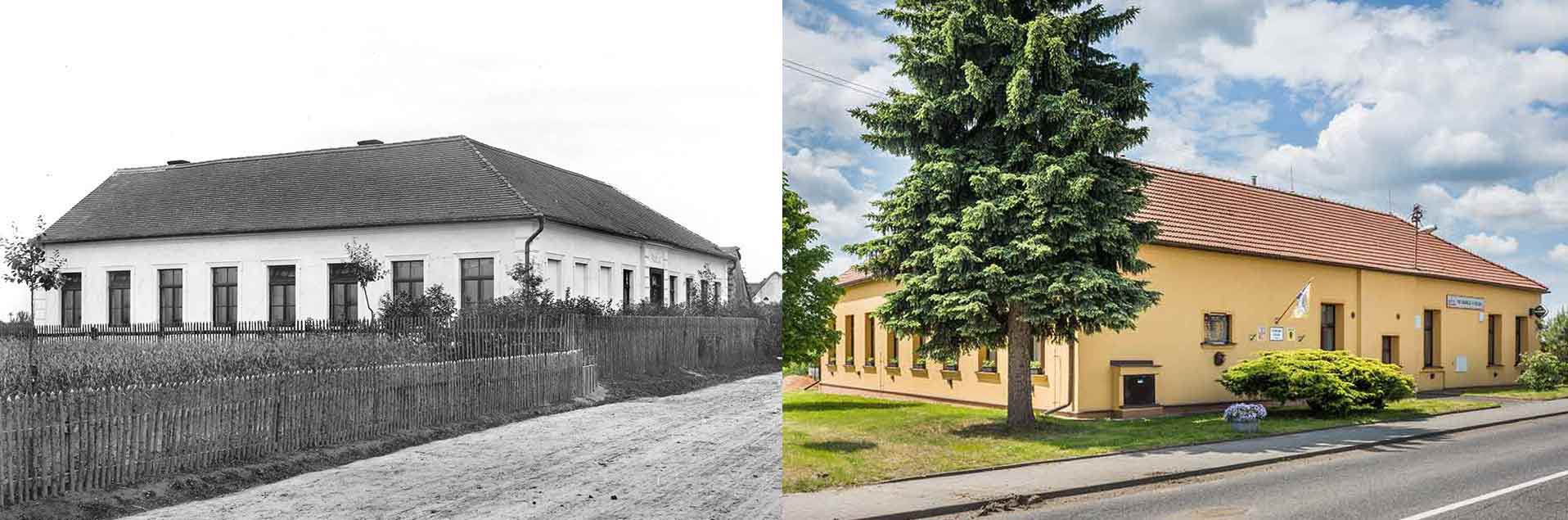 Voleč, obecná škola, postavena 1896 a dnešní pohled