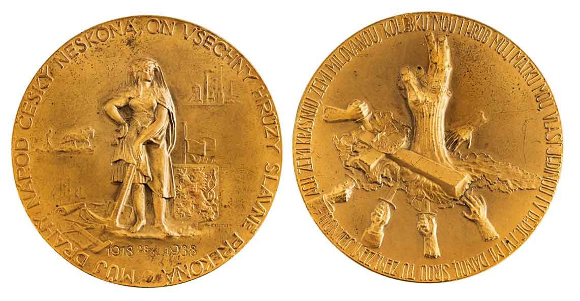 Pamětní medaile Miloslava Beutlera k 20. výročí vzniku ČSR, vyjadřující odpor k Mnichovské smlouvě 1938