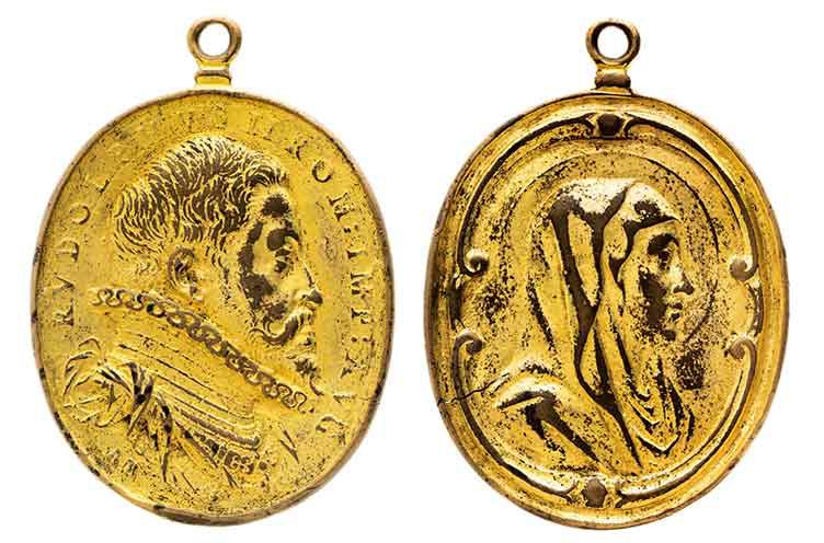 Portrétní medaile Rudolfa II. (1576–1612), Rakousko, zlacený bronz